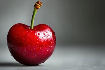 Aufkleber - Fresh red cherry with droplets resting on a gray surface after a light rain enhancing its vibrant color