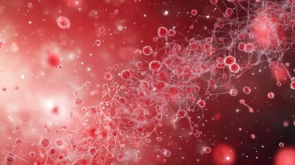 Poster - Abstract red background with swirling particles and bubbles, creating a dynamic and vibrant scientific or technological theme.