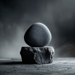 Poster - unique balancing stone sculpture on a textured surface with artistic lighting creating a dramatic ef