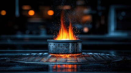 Poster - Intense flame on a gas burner with visible heat waves, illuminating the surrounding metal surface in a dimly lit setting.