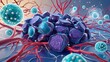 © jayanta - Tumor microenvironment concept with cancer cells, T-Cells, nanoparticles and blood vessels 3d rendering.