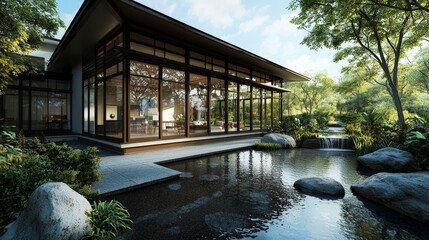 Aufkleber - Traditional riverside house with open layout lush garden setting modern architecture serene environment