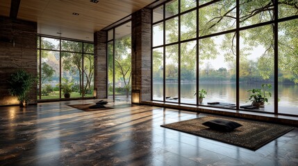 Poster - Riverside house interior design serene setting living space tranquil nature wide angle comfort concept