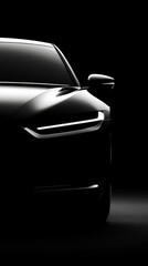Poster - Sleek black car front view in dim lighting showcasing modern design and innovative features