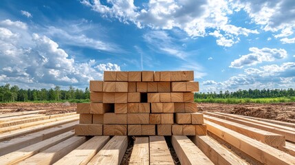 Poster - Large stack of lumber in the foreground with skeletal wooden beams forming a new home against a rural backdrop, construction in progress.