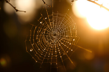 intricate spider web with dewdrops glistening in warm golden sunlight against a dark blurred backgro