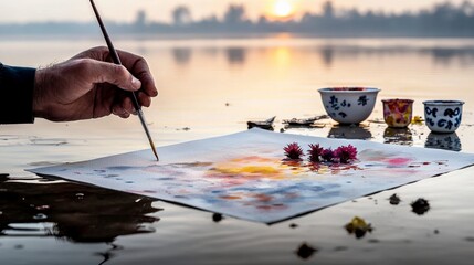 Poster - An artist painting watercolors by the serene lake at sunrise nature scene calm environment close-up view