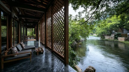 Aufkleber - Serene wooden home by the river tranquil nature retreat modern architecture peaceful environment panoramic view