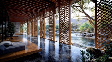 Aufkleber - Sustainable living at a tranquil riverfront intimate architectural retreat in a scenic natural location