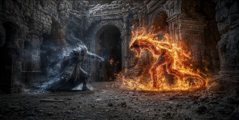 Poster - Celestial warrior battles elemental fire in ancient ruins fantasy art dramatic atmosphere dynamic clash