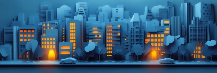 Fototapete - Layered paper art showcasing a modern city skyline with glowing windows and cars on streets at dusk with minimalist urban design