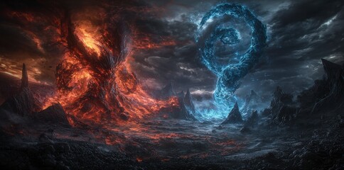 Poster - Celestial conflict chaotic battle of fire and ice in a multidimensional realm digital art surreal environment