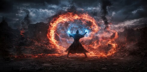 Poster - Celestial warrior trains amidst ruins fantasy landscape action scene dramatic environment dynamic viewpoint