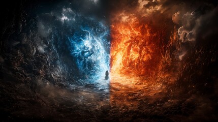 Aufkleber - Celestial figure navigates the cosmic divide fantasy realm digital art dramatic landscape wide angle epic journey
