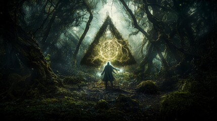 Aufkleber - Mystical encounter with energetic forces in sacred forest fantasy art illuminated environment close-up view