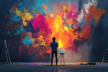 Poster - Creative artist immersed in vibrant colors, surrounded by a giant canvas in a dynamic art studio