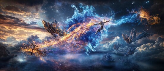 Aufkleber - Celestial battle of warriors cosmic arena digital art vibrant atmosphere wide shot fantasy concept