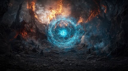 Poster - Celestial being conjures aede amidst battlefield chaos fantasy realm digital art dramatic environment epic concept