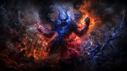 Poster - Celestial warriors clash on the battlefield of fire and ice epic fantasy art dramatic atmosphere dynamic perspective