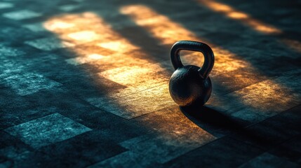 Poster - Kettlebell on gym floor with soft lighting and gradient textures for fitness and workout promotion Generative AI