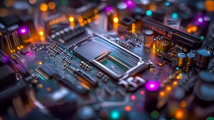 Poster - Close-up view of a colorful circuit board with glowing components and intricate details