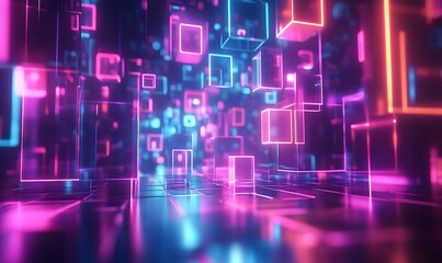 Poster - Futuristic Glowing Neon Cubes in a 3D Space with a Retro Cyberpunk Style