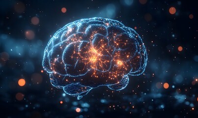 Poster - Human brain digital representation with glowing connections and bokeh lights effect