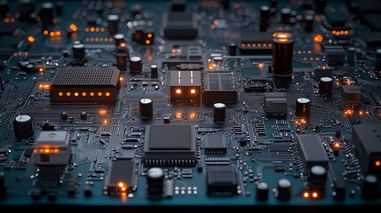 Poster - Close-up view of a complex circuit board with glowing components in a dark setting