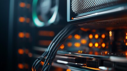 Poster - Close-up view of a computer hardware setup showcasing illuminated components and cables