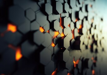 Fototapete - Abstract hexagonal pattern with glowing orange accents on a dark background