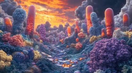 Aufkleber - Surreal pill landscape with dreamlike lighting showcasing fantasy realism in a vibrant medical ecosystem Generative AI