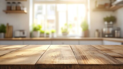 Poster - A vibrant green wooden table stands invitingly in a sunlit kitchen, surrounded by lush plants. The warm light enhances the inviting atmosphere, perfect for gatherings or creative projects