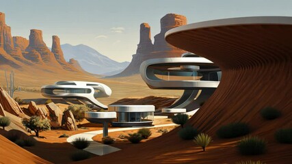 Poster - Retro futuristic architecture in sci-fi scene on the desert planet. Alien landscape with nostalgic retro future constructions