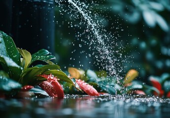 Poster - Sparkling Water Droplets Fall Gracefully from a Water Fountain Surrounded by Lush Greenery and Vibrant Colorful Leaves in a Serene Garden Setting