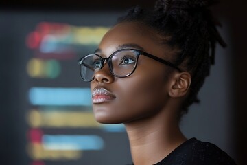 Woman coding; monitor glow; dark room