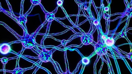 Poster - Complex network of interconnected neurons transmitting electrical signals through synapses, representing brain activity and neural communication with vibrant colors on a dark background