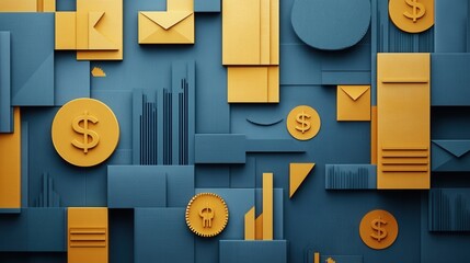 Poster - Sophisticated paper art background features geometric shapes symbolizing financial growth with golden and deep blue textures Generative AI