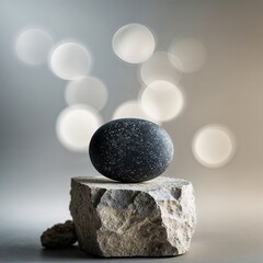 Poster - Natural stone sitting on a rugged rock with soft bokeh lighting in the background during a tranquil indoor setting
