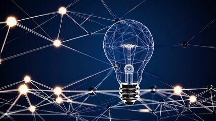 Poster - polygonal light bulb connecting to a network on a dark blue background, symbolizing innovation, tech