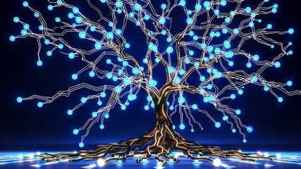 Poster - Glowing blue nodes on a golden tree illustrate a network symbolizing global communication and interconnectedness in a futuristic technological landscape