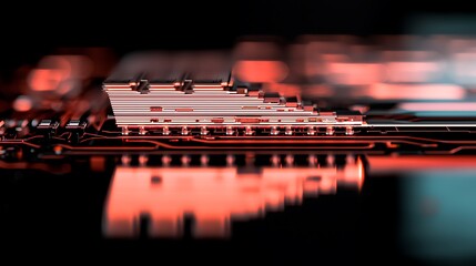 Poster - Close-up view of a futuristic circuit board with glowing red and orange elements, showcasing technology