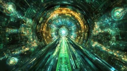Fototapete - Exploring the digital abyss futuristic tunnel visualization virtual environment abstract concept art