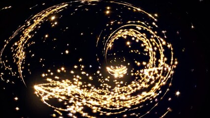 Poster - Golden particles swirling and rotating, creating a mesmerizing spiral galaxy shape against a deep black background, perfectly suited for themes of technology, energy, and science
