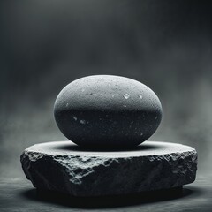 Poster - elegant black stone egg resting on a textured slab in a minimalistic setting with soft light