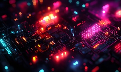 Poster - Futuristic Circuit Board with Glowing Lights and Abstract Technology Design