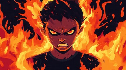 Poster - Angry person surrounded by flames with intense expression in bold red and black colors depicting raw emotion and turmoil