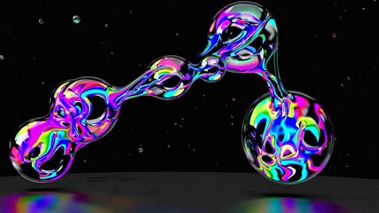 Poster - Abstract composition featuring colorful liquid shapes floating in space, reflecting on a surface, with small bubbles and iridescent textures, creating a visually appealing and dynamic scene