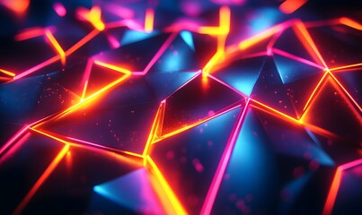 Poster - Abstract Glowing Geometric Pattern with Vibrant Neon Colors and Dark Background