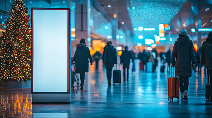 Poster - People carrying luggage walk through a bustling airport terminal with Christmas lights in the background, capturing holiday travel energy