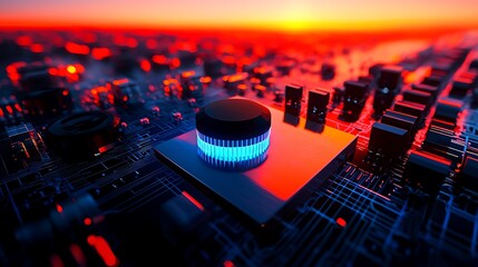 Poster - Close-up view of a glowing microchip surrounded by intricate circuitry at sunset